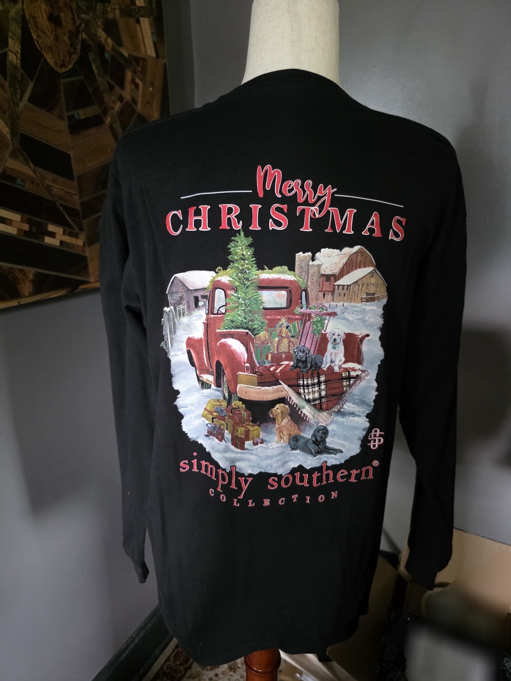 Simply Southern Black Holiday Tee with Red Truck and Green Tree Size M